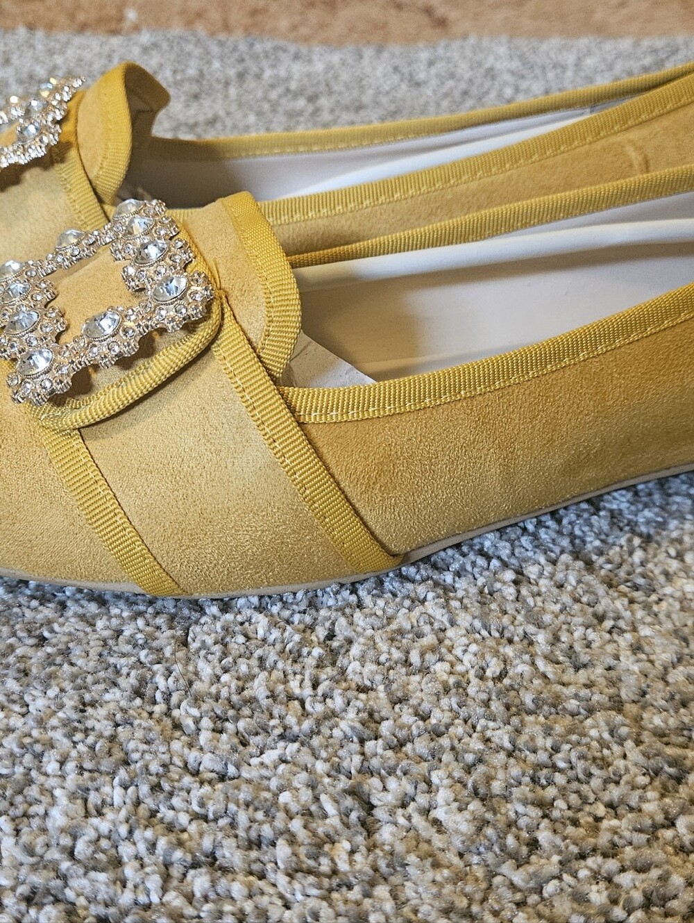 Women's Yellow Suede Crystal Buckle Flats